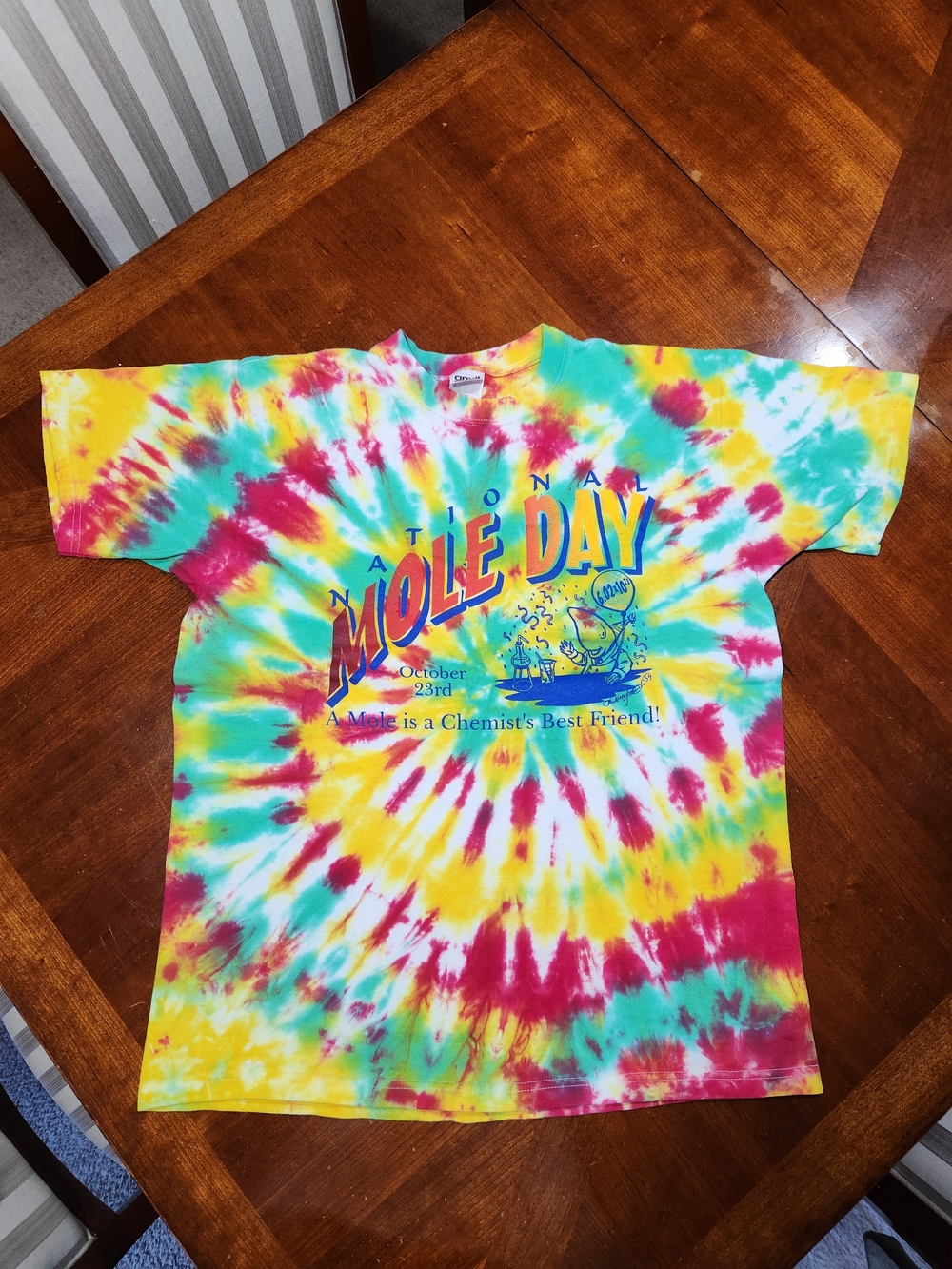 Vintage Anvil Tie-Dye 'Mole Day' Graphic T-Shirt - Yellow, Pink, Teal Size Large